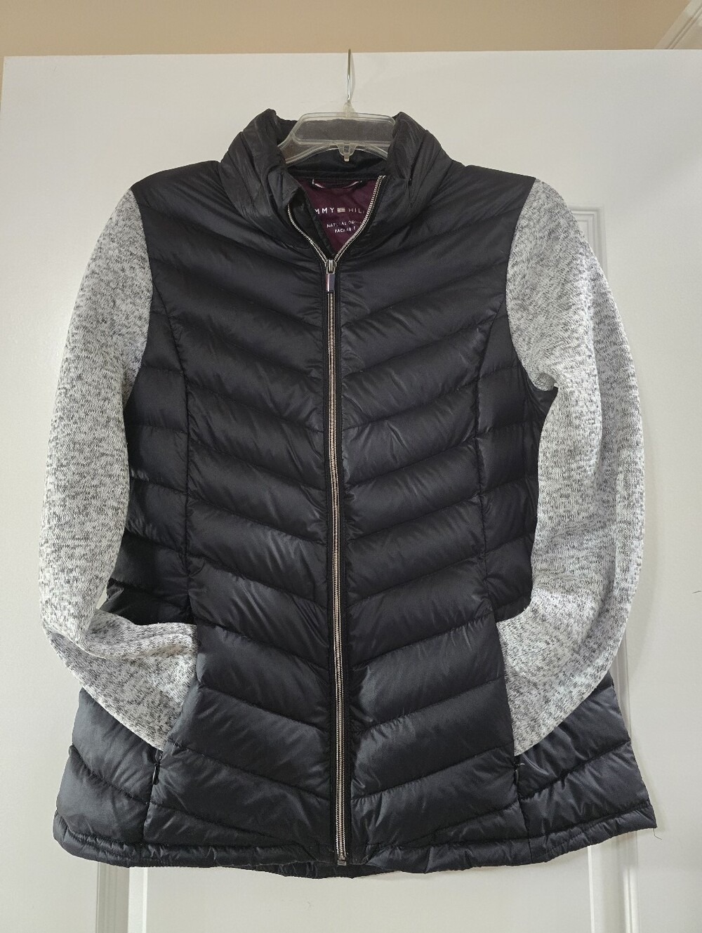 Tommy Hilfiger Women’s Black Quilted Jacket with Gray Knit Sleeves
